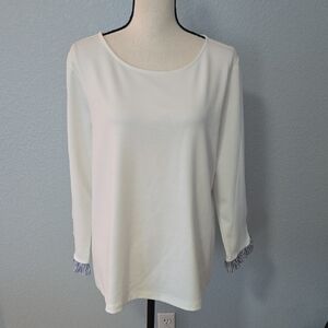 ANN TAYLOR White Long Sleeve Pullover W/Blue White Striped Trim At Cuffs Sz XL
